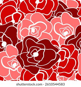 Abstract One Line Drawing Three Colors Romantic Lace Rose Flowers Seamless Vector Pattern Isolated Background