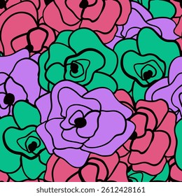 Abstract One Line Drawing Three Colors Romantic Lace Rose Flowers Seamless Vector Pattern Isolated Background