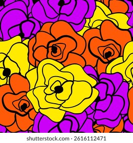 Abstract One Line Drawing Three Colors Romantic Lace Rose Flowers Seamless Vector Pattern Isolated Background