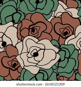 Abstractas Una Línea De Dibujo De Tres Colores Romántico Encaje Flores De Rosa Patrón De Vector Sin Costuras Fondo Aislado
