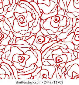 Abstract One Line Drawing Two Colors Romantic Lace Rose Flowers Seamless Vector Pattern Isolated Background