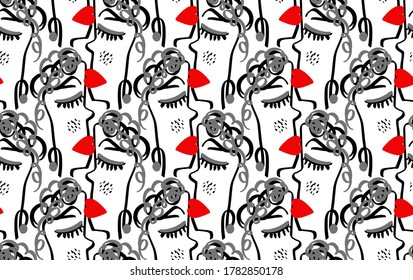 Abstract One Line Drawing Woman Faces Cartoon Masks Repeating Vector Pattern with Isolated Background