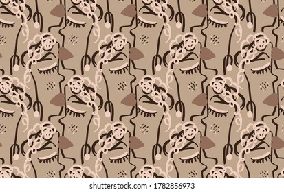 Abstract One Line Drawing Woman Faces Cartoon Masks Repeating Vector Pattern with Isolated Background