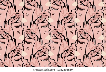Abstract One Line Drawing Woman Faces Cartoon Masks Repeating Vector Pattern with Isolated Background