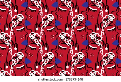 Abstract One Line Drawing Woman Faces Cartoon Masks Repeating Vector Pattern with Isolated Background
