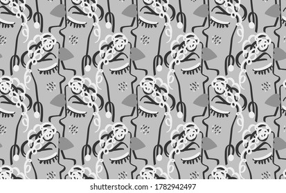 Abstract One Line Drawing Woman Faces Cartoon Masks Repeating Vector Pattern with Isolated Background