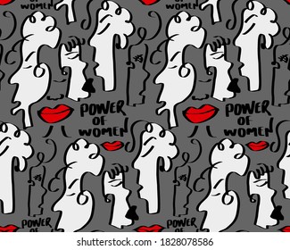 Abstract One Line Drawing Woman Faces Cartoon Masks and Power of Women Writing Repeating Vector Pattern with Isolated Background