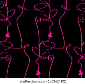 Abstract One Line Drawing Woman Faces Masks Repeating Vector Pattern with Isolated Background
