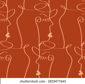 Abstract One Line Drawing Woman Faces Masks Repeating Vector Pattern with Isolated Background