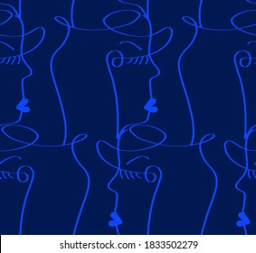Abstract One Line Drawing Woman Faces Masks Repeating Vector Pattern with Isolated Background