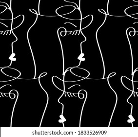 Abstract One Line Drawing Woman Faces Masks Repeating Vector Pattern with Isolated Background