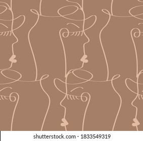 Abstract One Line Drawing Woman Faces Masks Repeating Vector Pattern with Isolated Background