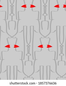 Abstract One Line Drawing Woman Faces Masks and Red Lips Repeating Vector Pattern with Isolated Background