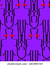 Abstract One Line Drawing Woman Faces Masks and Red Lips Repeating Vector Pattern with Isolated Background