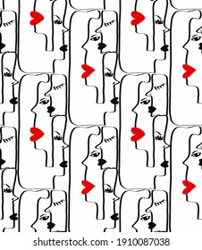 Abstract One Line Drawing Woman Faces with Heart Shape Lips Masks Repeating Vector Pattern with Isolated Background