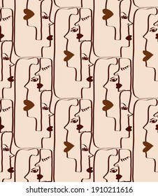 Abstract One Line Drawing Woman Faces with Heart Shape Lips Masks Repeating Vector Pattern with Isolated Background