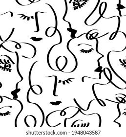 Abstract One Line Drawing Woman Faces Seamless Vector Pattern Isolated Background