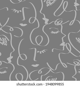 Abstract One Line Drawing Woman Faces Seamless Vector Pattern Isolated Background