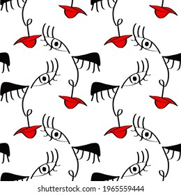 Abstract One Line Drawing Woman Face Seamless Vector Pattern Isolated Background 