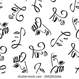 Abstract One Line Drawing Woman Girl Faces Masks Spirals Repeating Vector Pattern with Isolated White Background