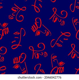 Abstract One Line Drawing Woman Girl Faces Masks Spirals Repeating Vector Pattern with Isolated Royal Blue Background