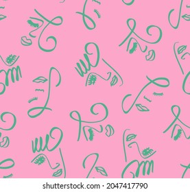 Abstract One Line Drawing Woman Girl Faces Masks Spirals Repeating Vector Pattern with Isolated Pink  Background