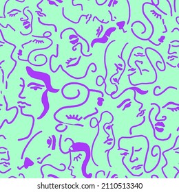 Abstract One Line Drawing Woman Girl Faces Repeating Vector Pattern with Isolated Background