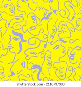 Abstract One Line Drawing Woman Girl Faces Repeating Vector Pattern with Isolated Background