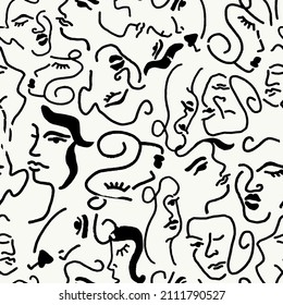Abstract One Line Drawing Woman Girl Faces Repeating Vector Pattern and Isolated Background