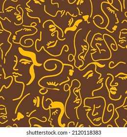 Abstract One Line Drawing Woman Girl Faces Repeating Vector Pattern with Isolated Background