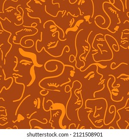 Abstract One Line Drawing Woman Girl Faces Repeating Vector Pattern with Isolated Background