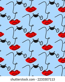 Abstract One Line Drawing Woman Girl Silhouettes with Cat Eyes and Red Lips Seamless Vector Pattern Isolated Background