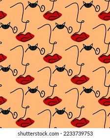Abstract One Line Drawing Woman Girl Silhouettes with Cat Eyes and Red Lips Seamless Vector Pattern Isolated Background