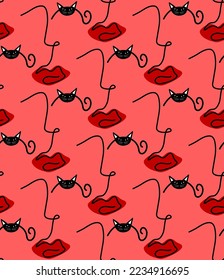 Abstract One Line Drawing Woman Girl Silhouettes with Cat Eyes and Red Lips Seamless Vector Pattern Isolated Background