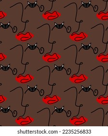 Abstract One Line Drawing Woman Girl Silhouettes with Cat Eyes and Red Lips Seamless Vector Pattern Isolated Background