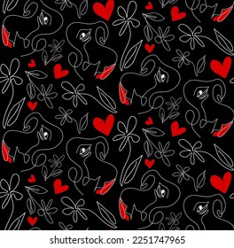 Abstract One Line Drawing Woman Faces Lips and Red Hearts Seamless Vector Pattern Isolated Background