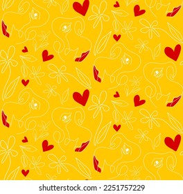 Abstract One Line Drawing Woman Faces Lips and Red Hearts Seamless Vector Pattern Isolated Background
