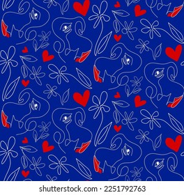 Abstract One Line Drawing Woman Faces Lips and Red Hearts Seamless Vector Pattern Isolated Background
