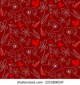 Abstract One Line Drawing Woman Faces Lips and Red Hearts Seamless Vector Pattern Isolated Background