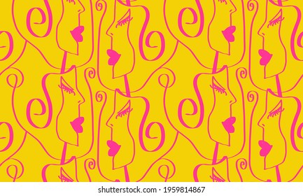 Abstract One Line Drawing Women Faces Brush Strokes Repeating Vector Pattern Isolated Background