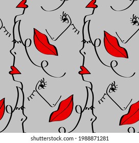 Abstract One Line Drawing Women Faces and Lips Seamless Vector Pattern Isolated Background