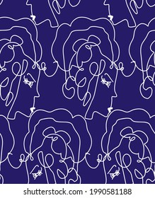 Abstract One Line Drawing Women Faces Seamless Vector Pattern Isolated Background