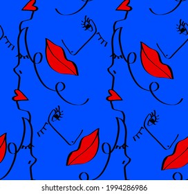 Abstract One Line Drawing Women Faces and Lips Seamless Vector Pattern Isolated Background