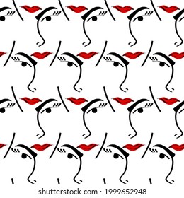 Abstract One Line Drawing Women Faces and Lips Seamless Vector Pattern Isolated Background