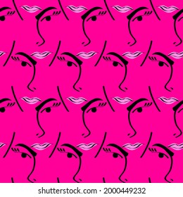 Abstract One Line Drawing Women Faces and Lips Seamless Vector Pattern Isolated Background