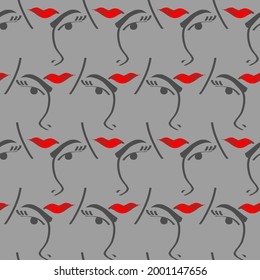 Abstract One Line Drawing Women Faces and Lips Seamless Vector Pattern Isolated Background