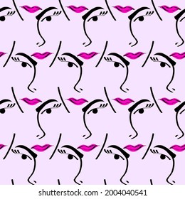 Abstract One Line Drawing Women Faces and Lips Seamless Vector Pattern Isolated Background