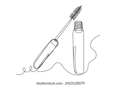 Abstract One Line Drawn Doodle Mascara Cosmetic Symbol. Curve Line Art Mascara Brush And Tube Line Silhouette Isolated On White Background. Hand Drawn Outline Contour Decoration Black And White Art