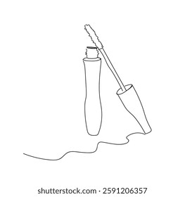 Abstract One Line Drawn Doodle Mascara Cosmetic Symbol. Curve Line Art Mascara Brush And Tube Line Silhouette Isolated On White Background. Hand made vector not AI.