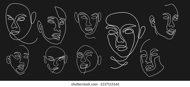 abstract one line face art drawing. Minimalistic silhouettes woman portrait vector illustration.
